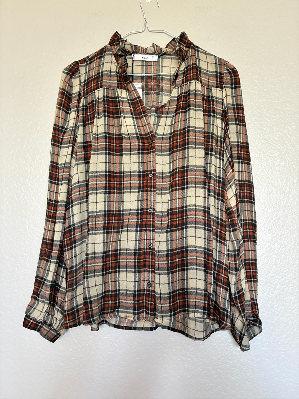 NWT Mango Plaid Ruffle Collar Blouse Viscose Wool Top Rust Cream XS Cottagecore